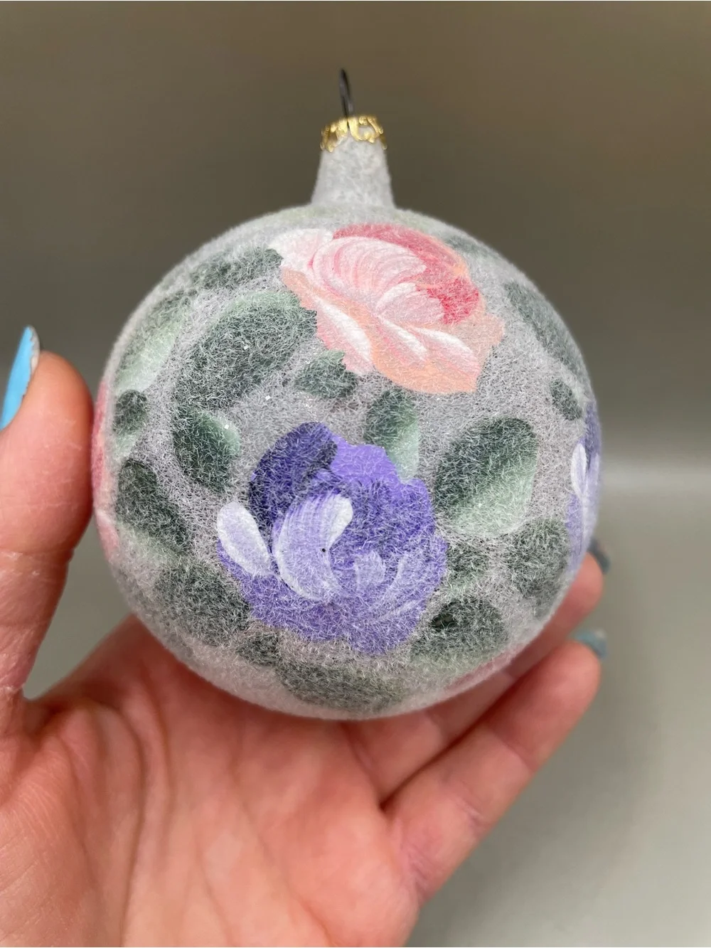 Vintage ITALY Flocked Floral Round Christmas 4” Ornament Ball Pink Purple